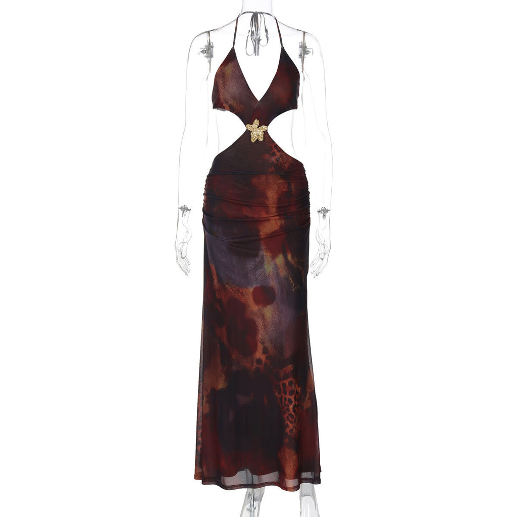 Animal Print Halter Backless Cutout Split Maxi Dress
