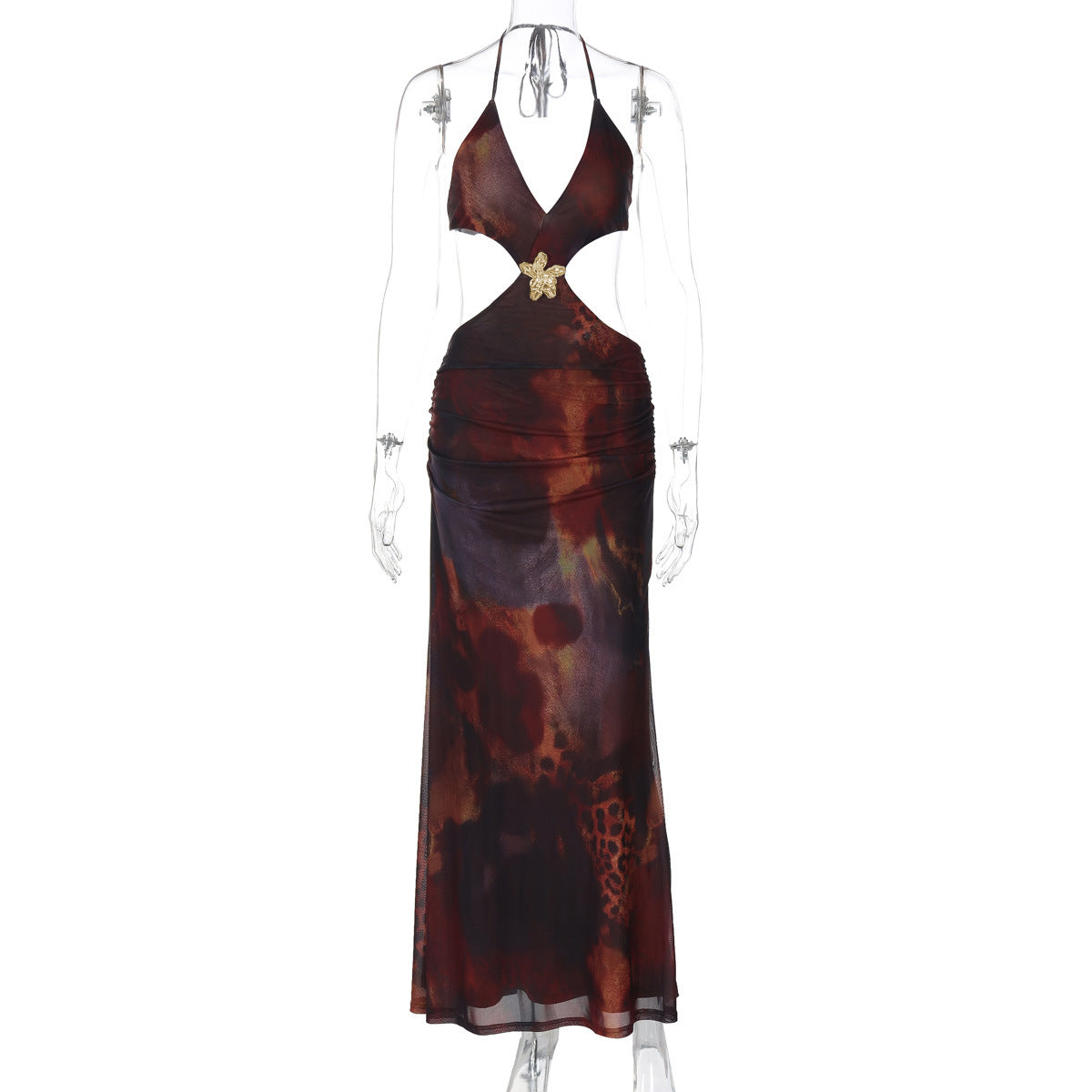 Animal Print Halter Backless Cutout Split Maxi Dress