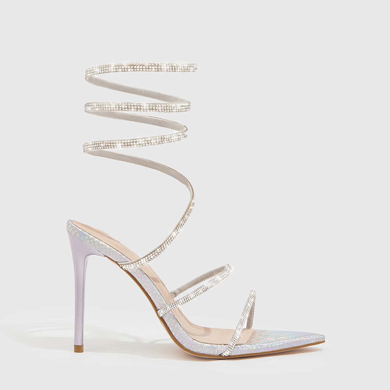 Metal Toe Rhinestone Lace-Up 11cm Pointed Stiletto Sandals