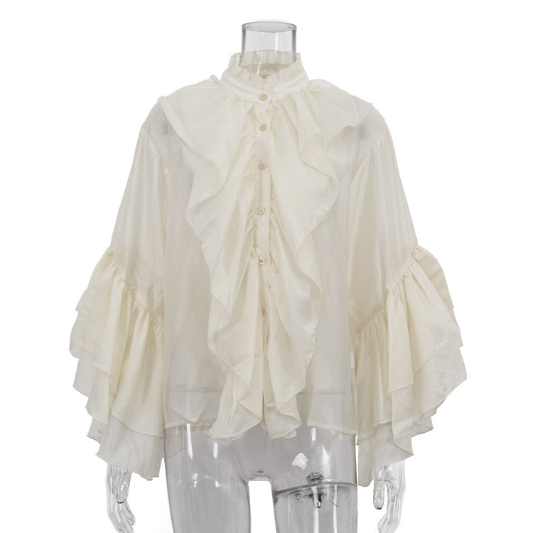 All Match Casual Women Shirt Design Ruffled Stand up Collar Long Sleeved French Top Bella Mia