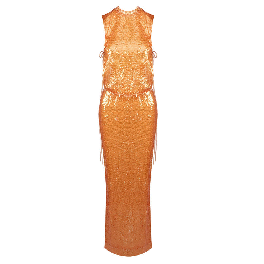 Women Clothing Autumn Winter Yellow Orange Transparent Sequin Dress Sleeveless round Neck Evening Maxi Dress Gold Ragazza