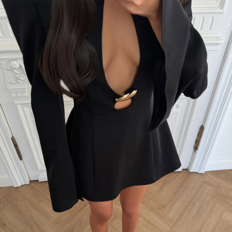 Autumn Winter Women Clothing Hollow Out Cutout Sexy Padded Shoulder Solid Color Waist Tight Design Dress
