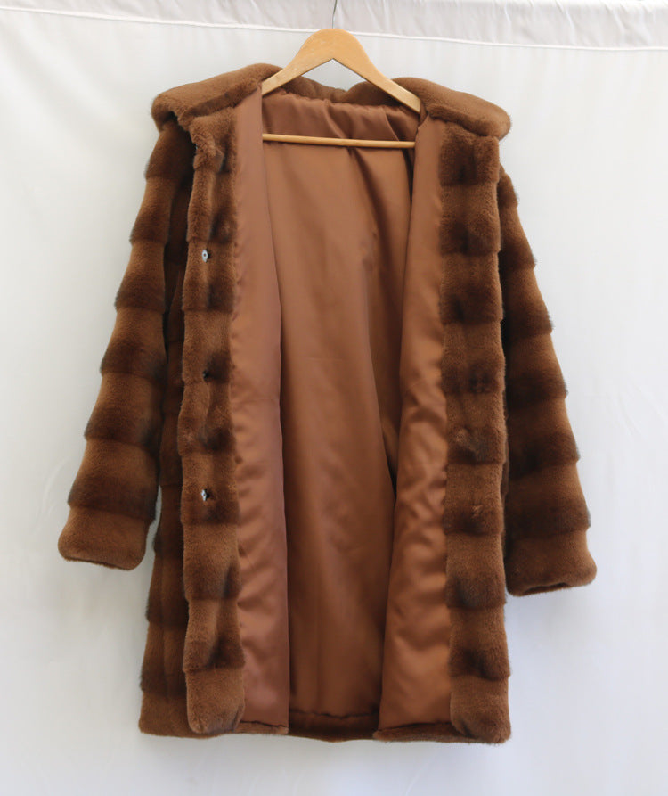 Women Artificial Mink Hair Fur Coat Mid Length Hooded Coat Fur plus Size Casual Warm