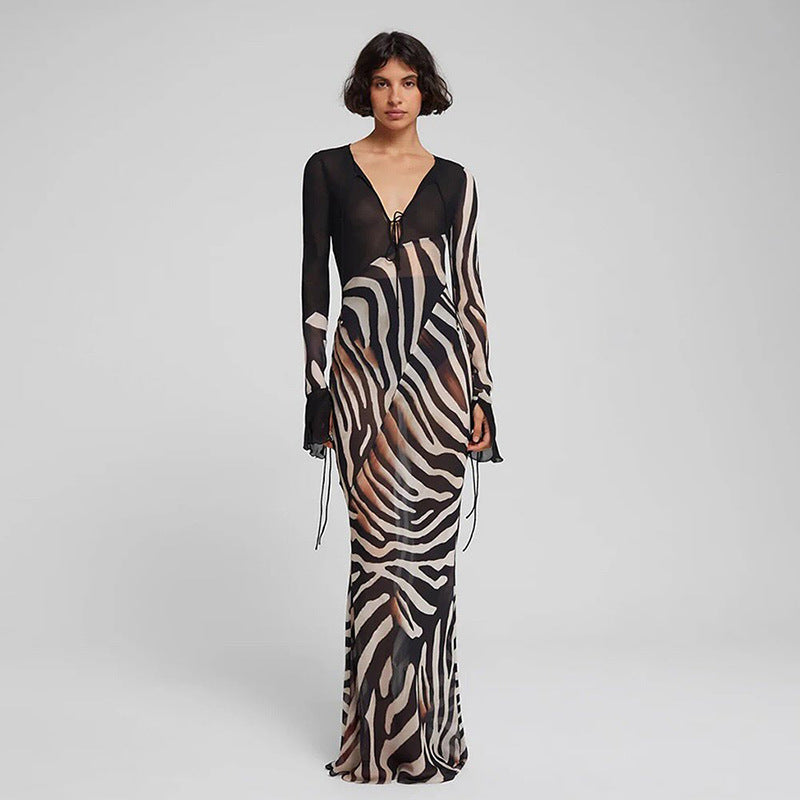 Summer Women Clothing Color Contrast Printed Sexy V neck Mesh Long Sleeve Dress