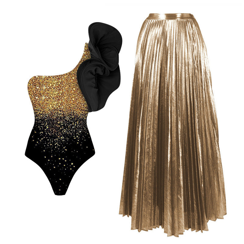 One-Shoulder Corset Sequin Ruffled One-Piece Swimsuit Bella Mia