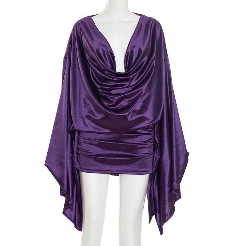 Women Clothing Autumn Solid Color Elegant Artificial Silk Swing Collar Swing Sleeve Sheath Dress Ragazza