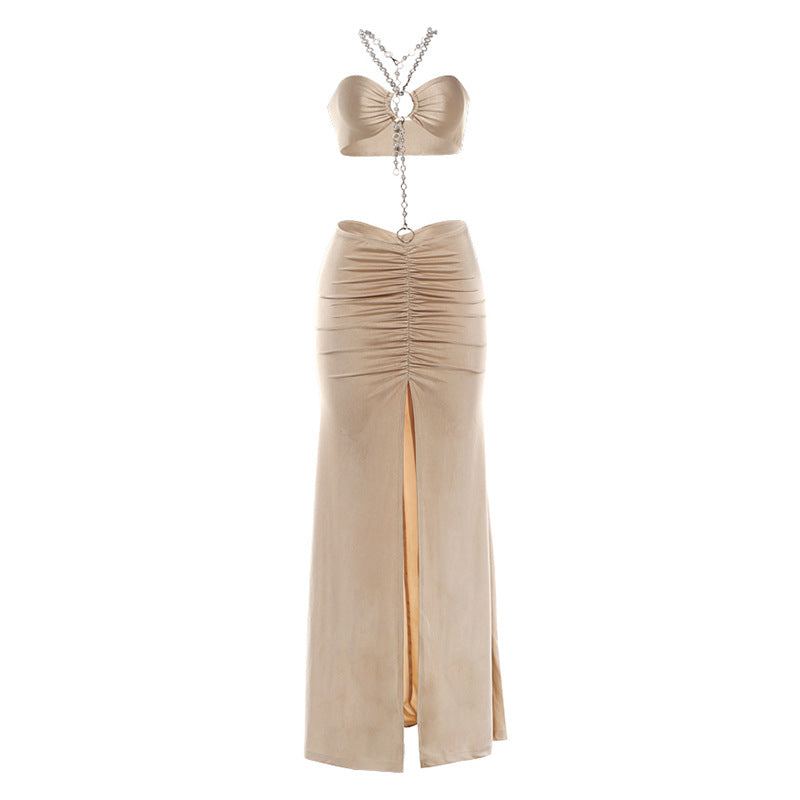 Summer Women Clothing Chain Stitching Sexy Bare Back Fold Split Sheath Dress Bella Mia