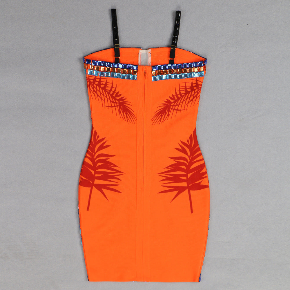 Star Sexy Heavy Industry Beads Printed Mesh V neck Strap Tube Top Backless Bandage One Piece Dress