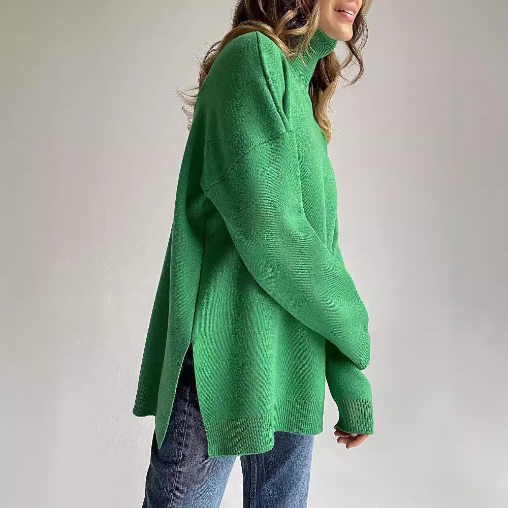 Turtleneck Slit Loose Solid Knit Sweater Bella Mia