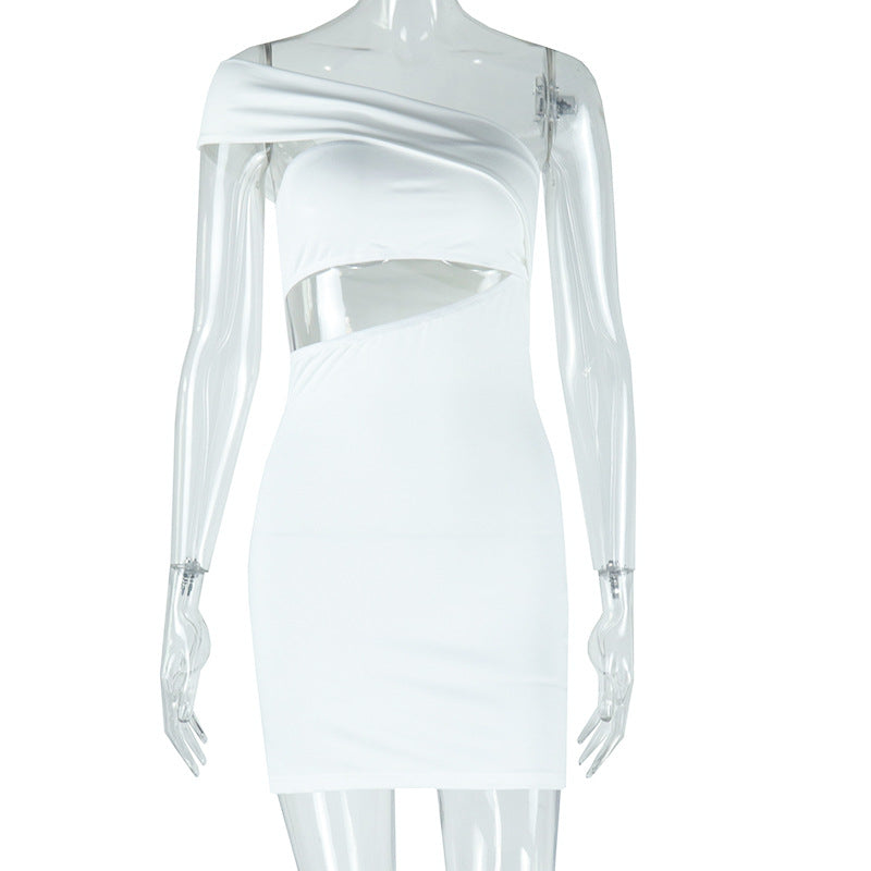 Women Clothing Solid Color Dress Sexy Diagonal Collar Cold Shoulder Sleeveless Hip Dress Ragazza