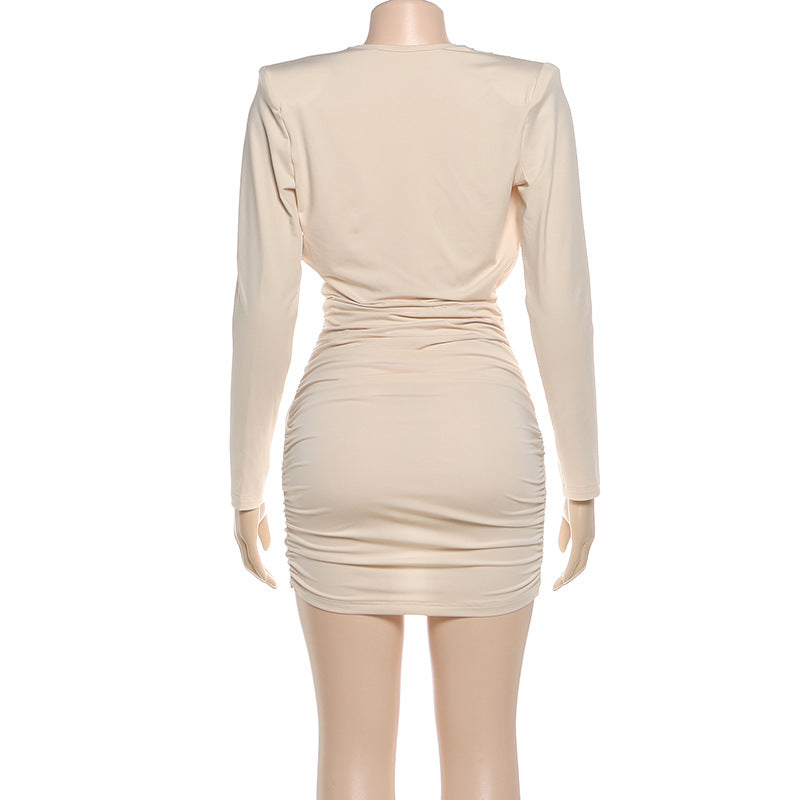 Autumn Winter Women Clothing Long Sleeve Solid Color Pleated Sexy Deep V Plunge neck Hip Sexy Dress