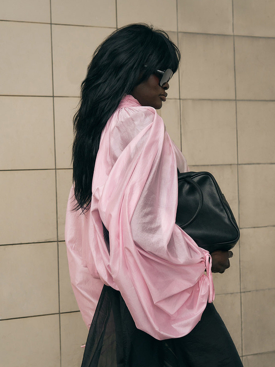 Turtleneck Long Sleeve Shirt Spring Summer Semi Transparent Lantern Sleeve Pleated Bud Turtleneck Shirt