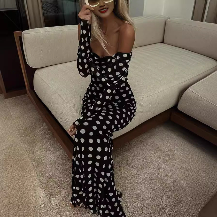 Spring Summer Gauze Polka Dot Stitching off Shoulder Sexy Slim Dress for Women Wanita Store