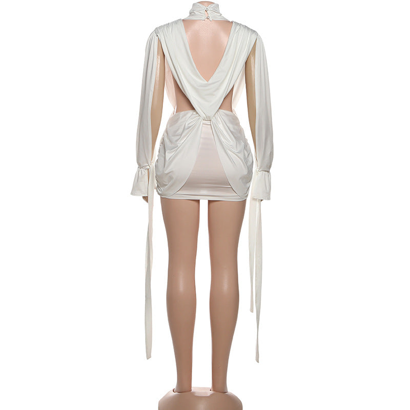 Autumn Winter Women Solid Color Sexy Hollow Out Cutout Long Sleeved Deep V Plunge neck Cross Stitching Hip Dress
