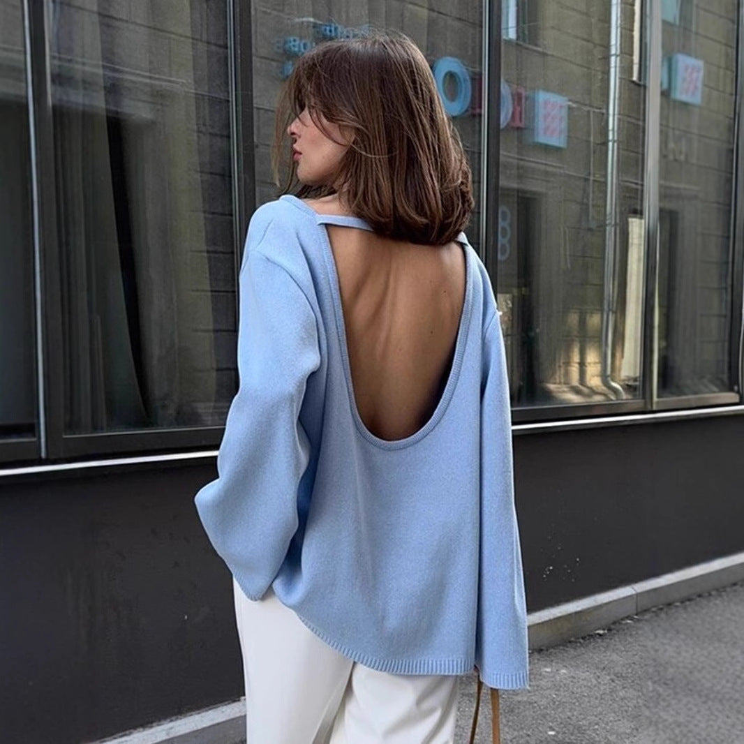 Cotton Backless Loose Knit Pullover Sweater Bella Mia