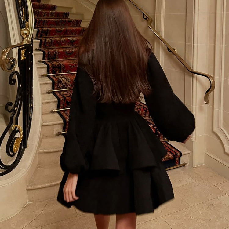 Women Clothing Spring Autumn Puff Sleeve A line Dress V neck Waist-Controlled Black Pettiskirt