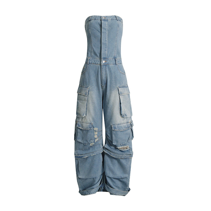 Summer Multi Pocket Ripped Waist Slimming Sexy Tube Top Tooling Denim Jumpsuit Women Wanita Store