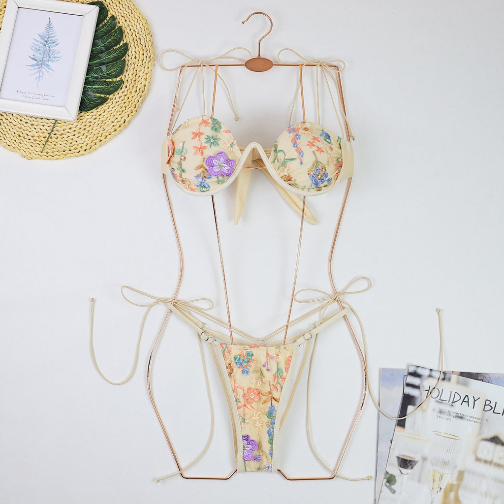 Embroidery Push up Bikini Swimsuit Women Sexy Thin Strap Three Point Steel Bracket Split Swimsuit Wanita Store