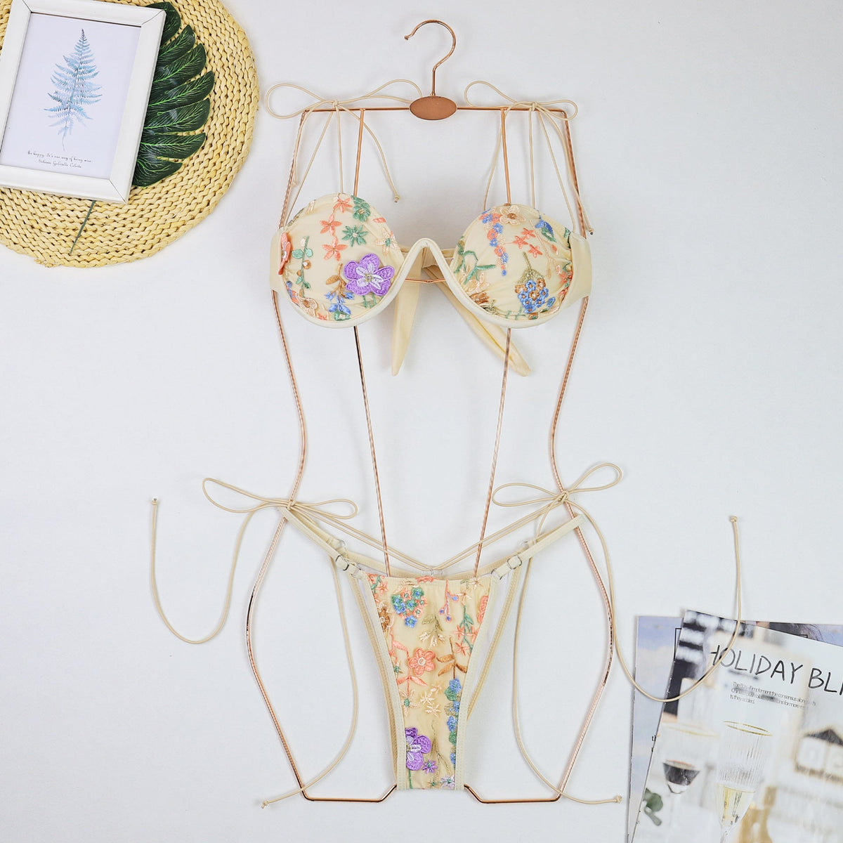 Embroidery Push up Bikini Swimsuit Women Sexy Thin Strap Three Point Steel Bracket Split Swimsuit Wanita Store