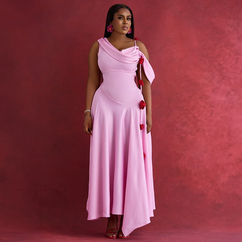 Women Clothing Summer Dignified Sense of Design off the Shoulder Mid Length Slim Strap Dress Ragazza