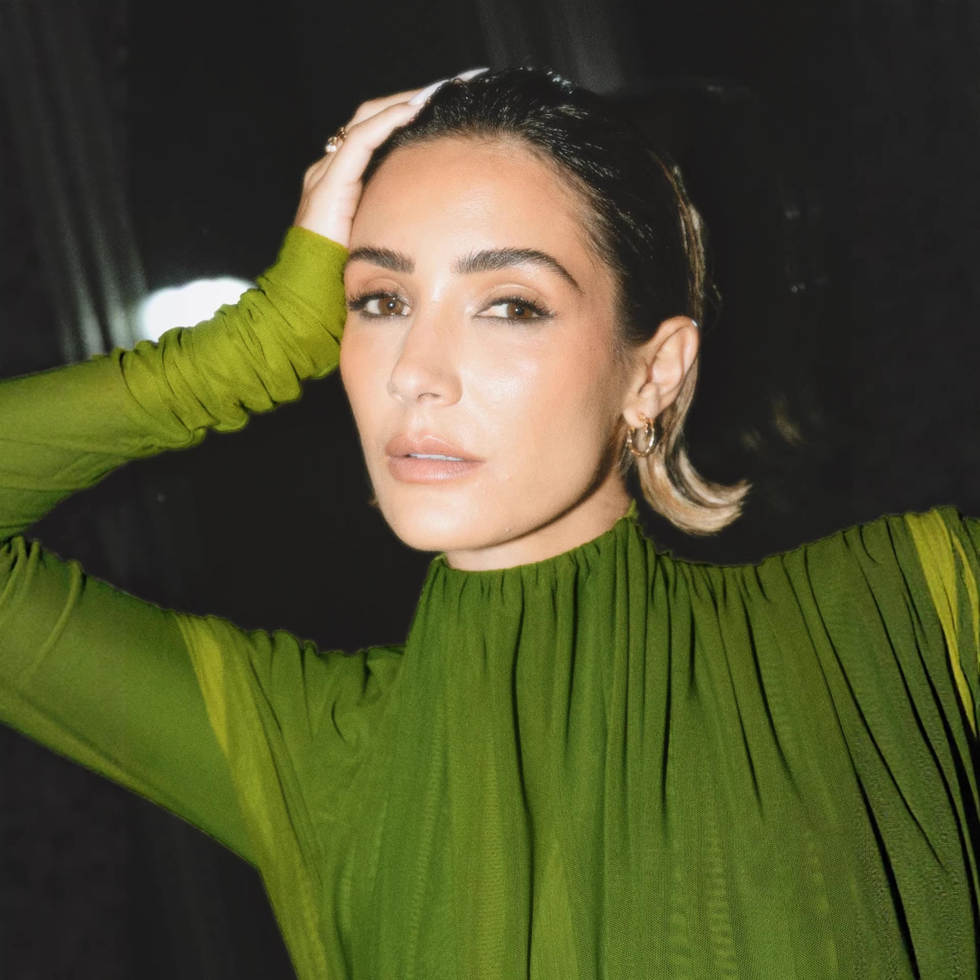 Dress Winter round Neck Green Pleated Long Sleeve Wanita Store