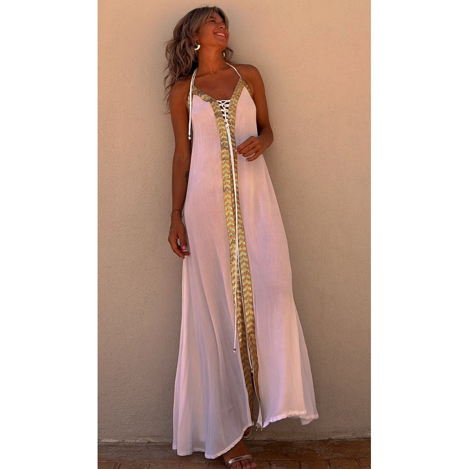 Spring Summer Lace up Halterneck Dress Casual Loose Vacation Large Swing Dress
