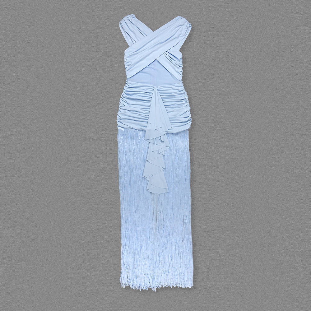 Pleated Mesh Cross-Front Dress