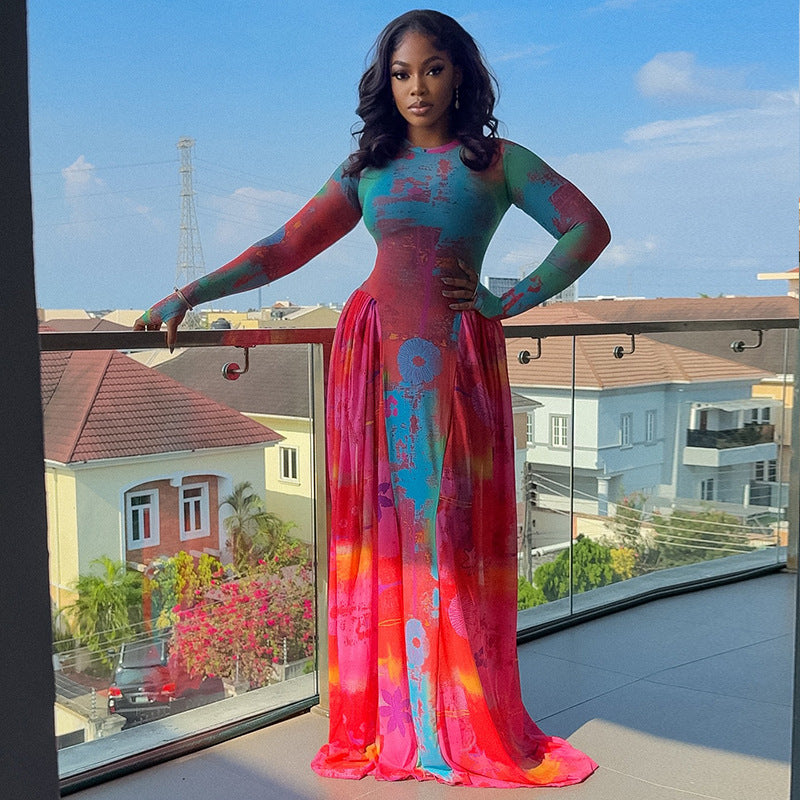 Women Clothing Vintage Crumpled Printed Patchwork Waist Slimming A line Dress round Neck Home Long Sleeve Dress Ragazza