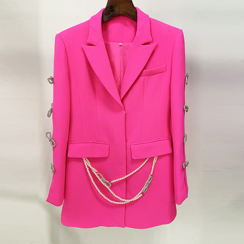Pink Jeweled Bow Pearl Blazer Dress