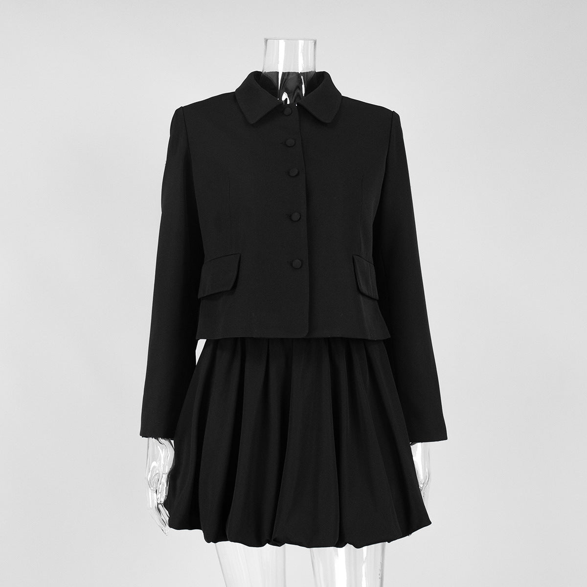Collared Button Pocket Long Sleeve Top & High-Rise Mini Skirt Set
