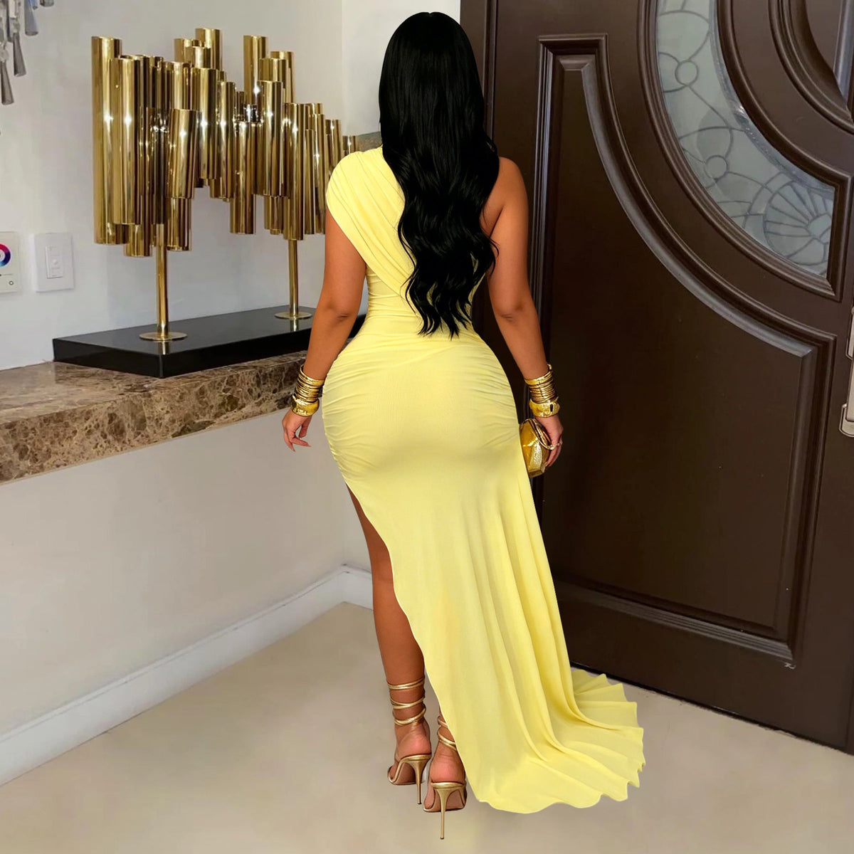 Sexy Women Clothing Mesh Stitching Ruffle Slim Fit Dress Bella Mia