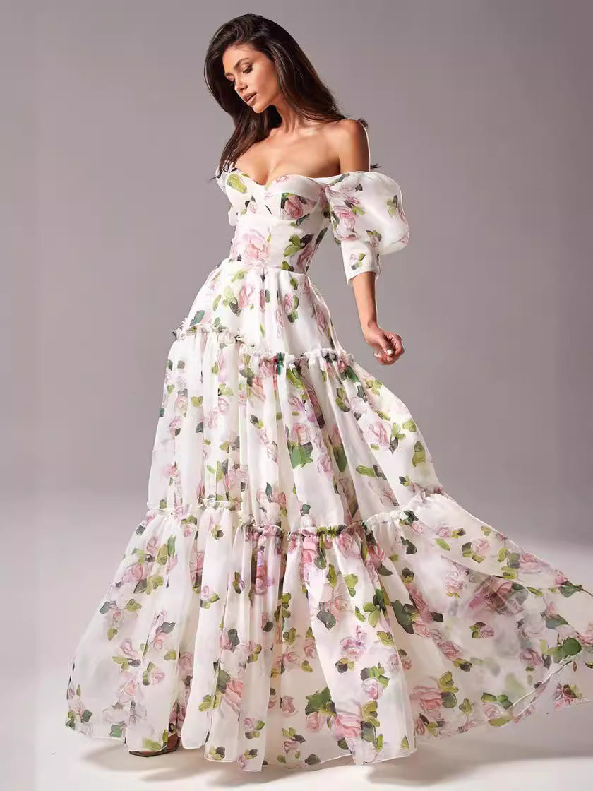 Spring Summer off the Shoulder Women Organza Fairy Long Elegant Evening Dress