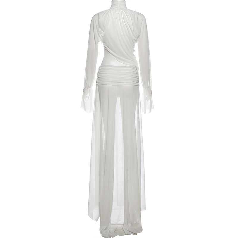 Winter Women Clothing Sexy See through Turtleneck Bell Sleeve Top Split Skirt Two Piece Sets