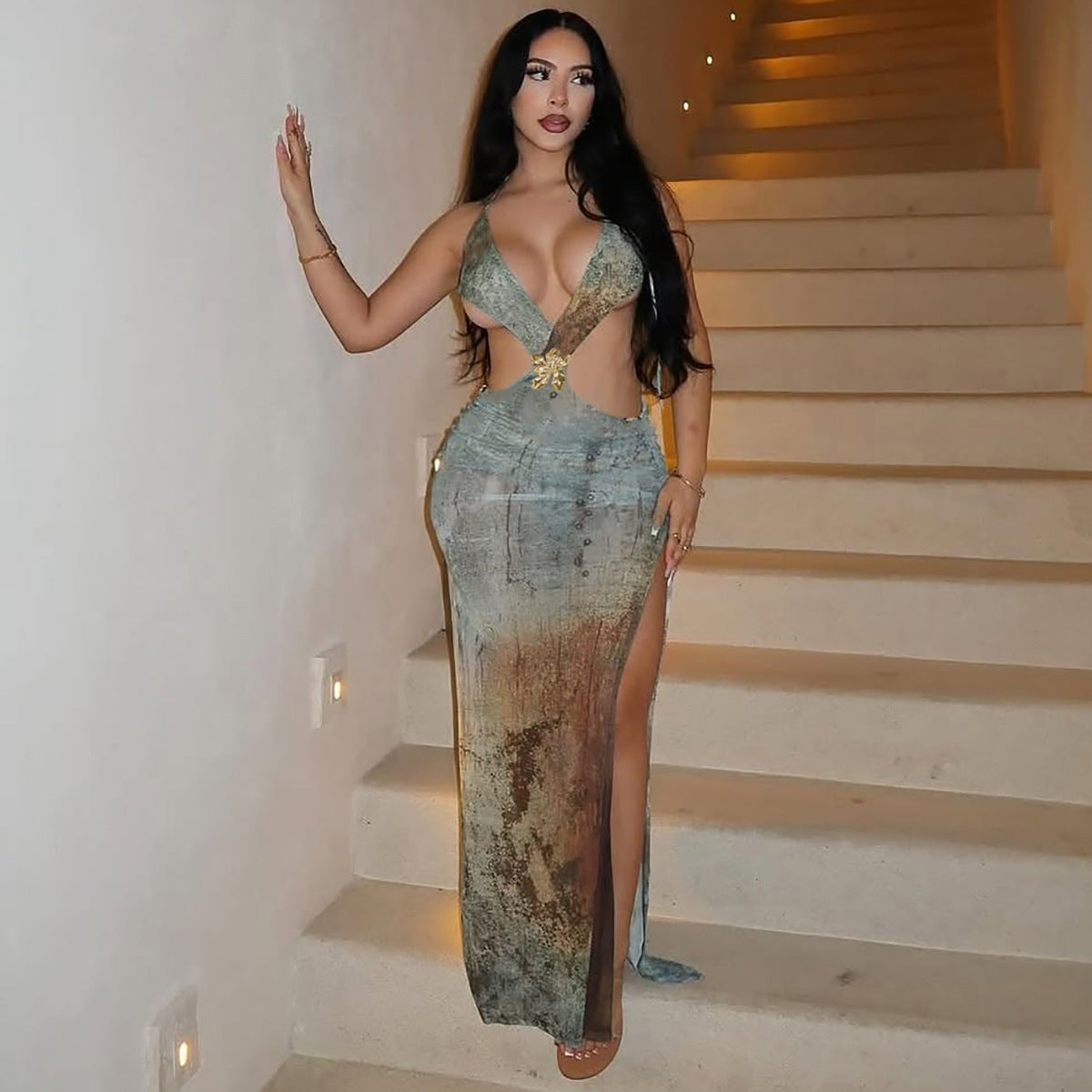Animal Print Halter Backless Cutout Split Maxi Dress