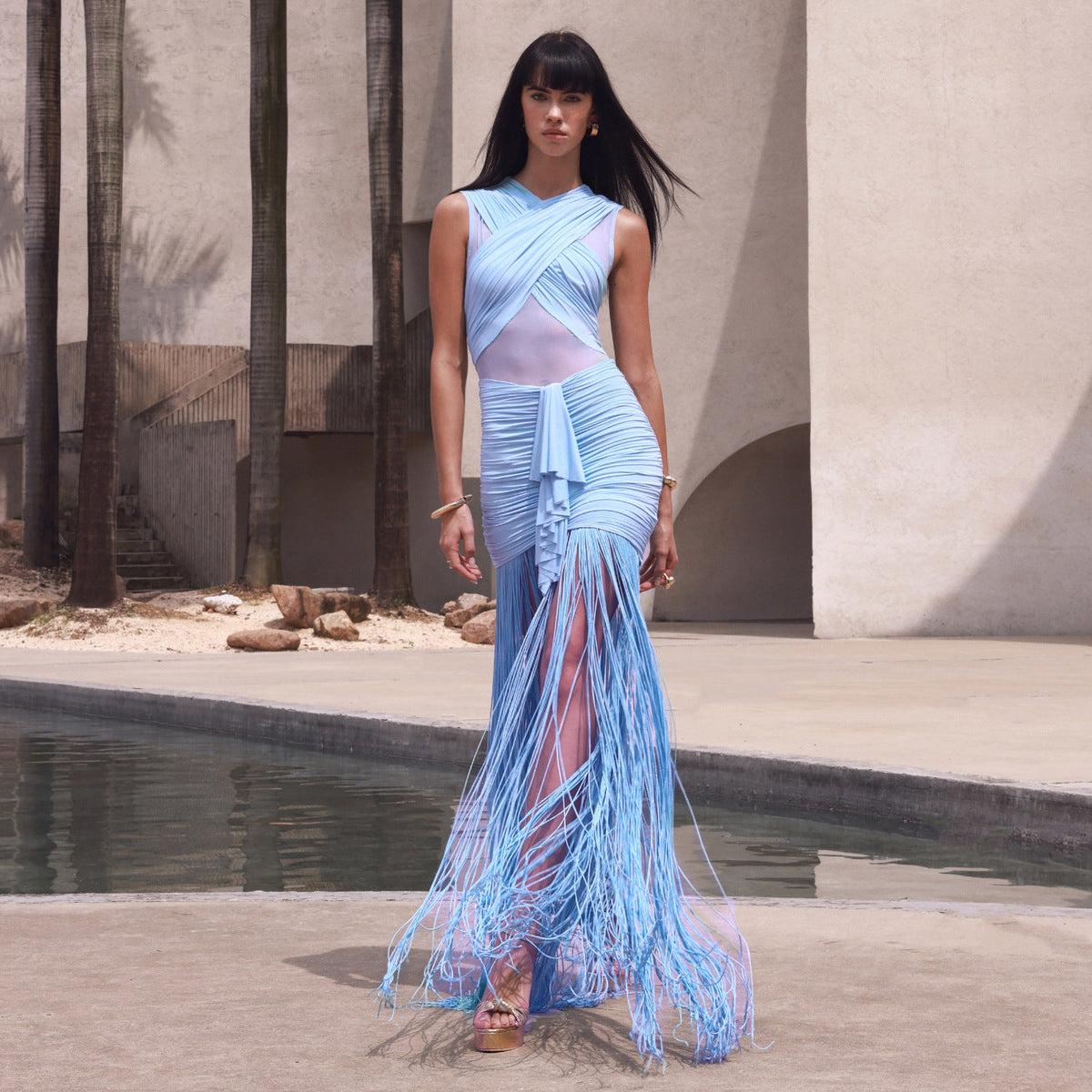 Women Clothing Sexy Solid Color Sling See through Mesh Pleats Cross Dress Vacation Wanita Store