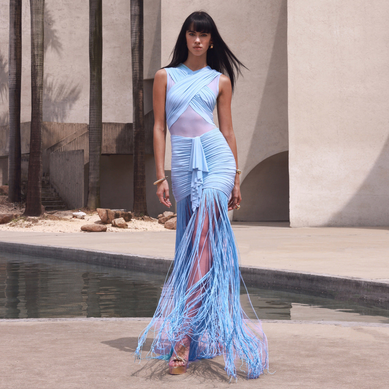 Solid Color Mesh Pleated Cross Sling Vacation Dress Bella Mia