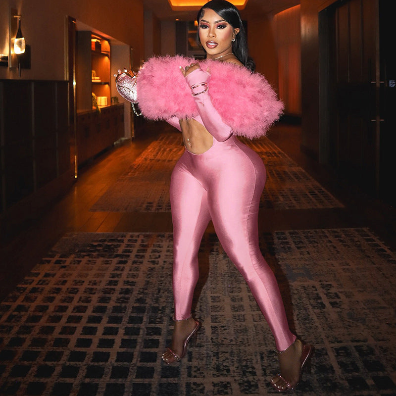 Off-Shoulder Furry Trim Long Sleeve Cropped Jumpsuit Bella Mia