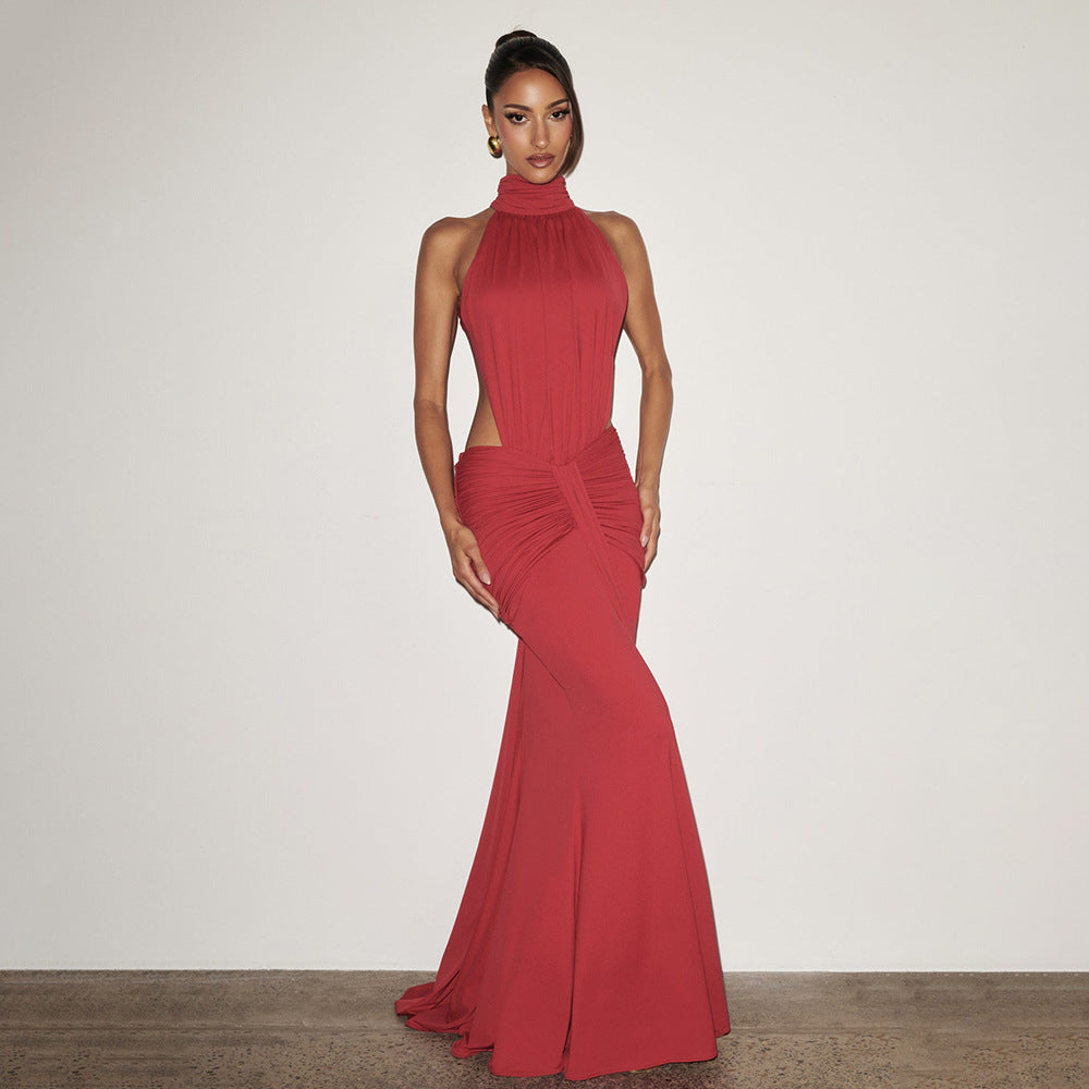High Neck Halter Pleated Backless Maxi Dress Bella Mia