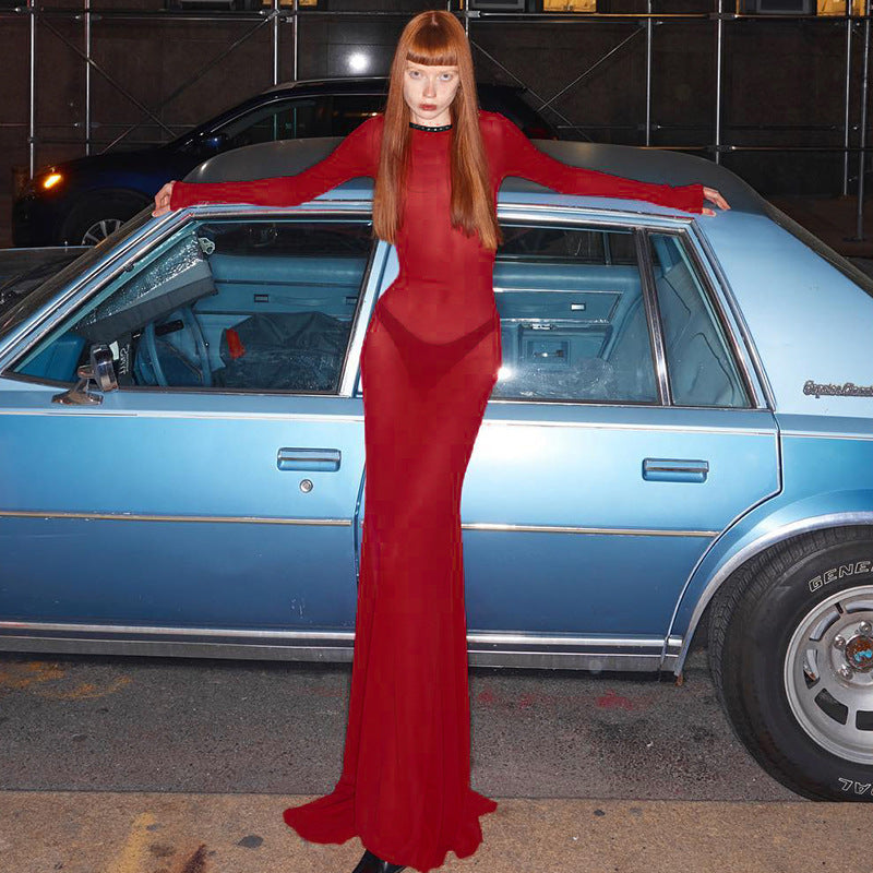 Lace-Up Long Sleeve Bodycon Maxi Dress