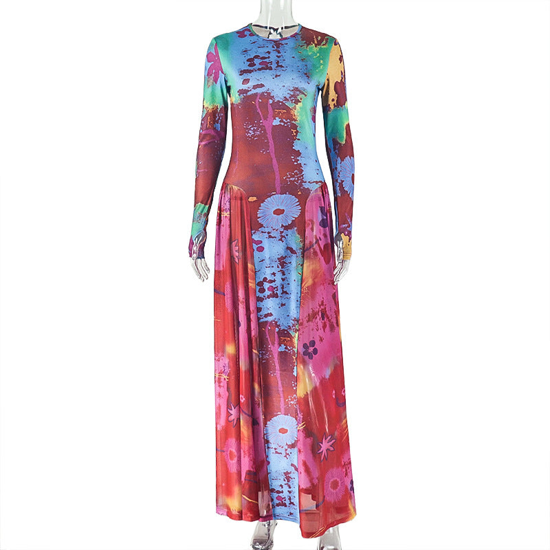 Women Clothing Vintage Crumpled Printed Patchwork Waist Slimming A line Dress round Neck Home Long Sleeve Dress Ragazza