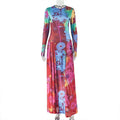 Women Clothing Vintage Crumpled Printed Patchwork Waist Slimming A line Dress round Neck Home Long Sleeve Dress Ragazza