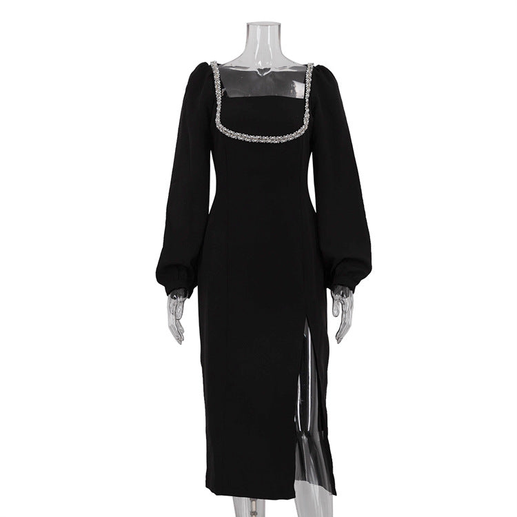 Design Diamond Square Collar Dress Women Elegant Long Sleeve Waist Tight Slit Sheath Dress Ragazza