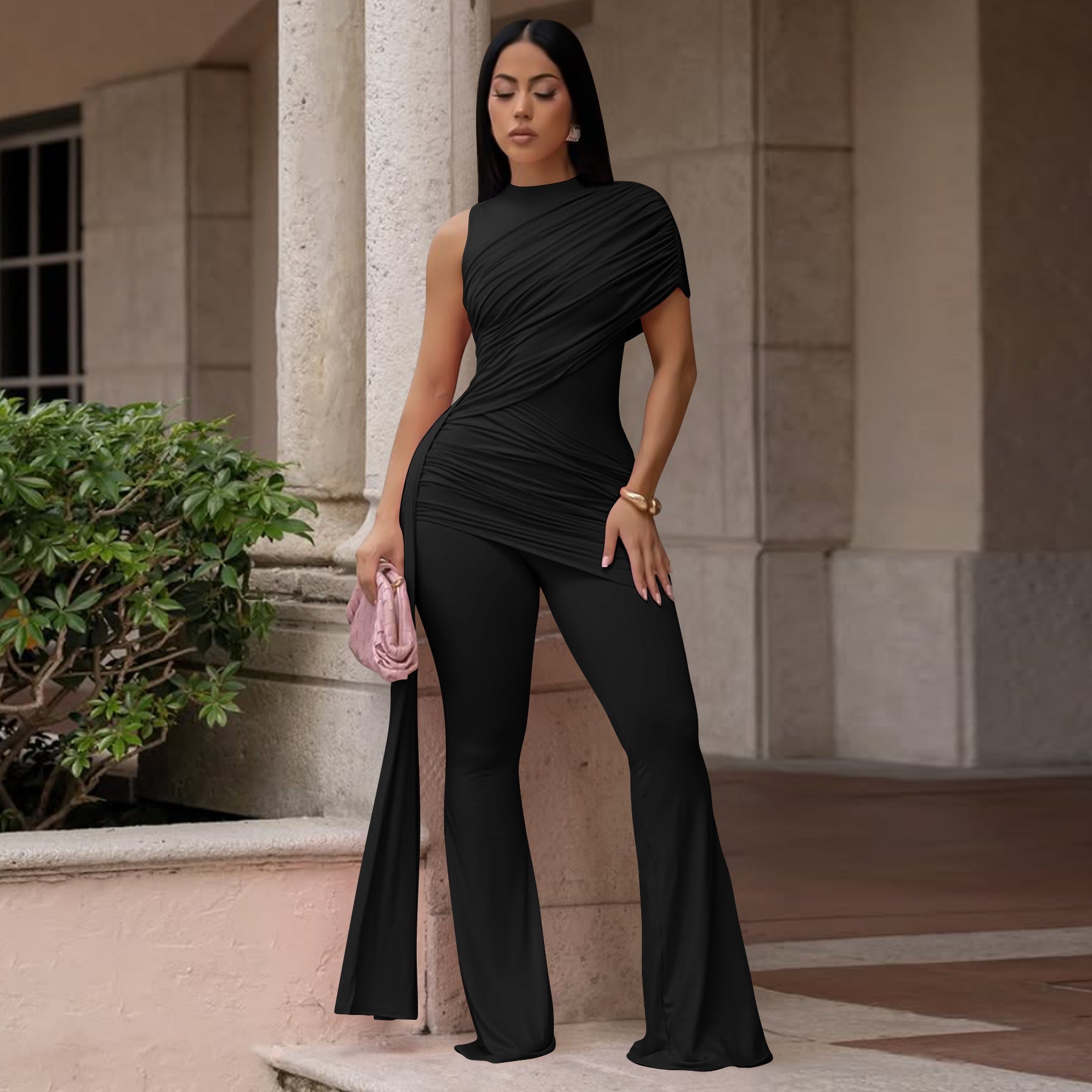 Women Clothing Summer round Neck One Shoulder Pleated Ribbon Sexy Slim Fit Wanita Store