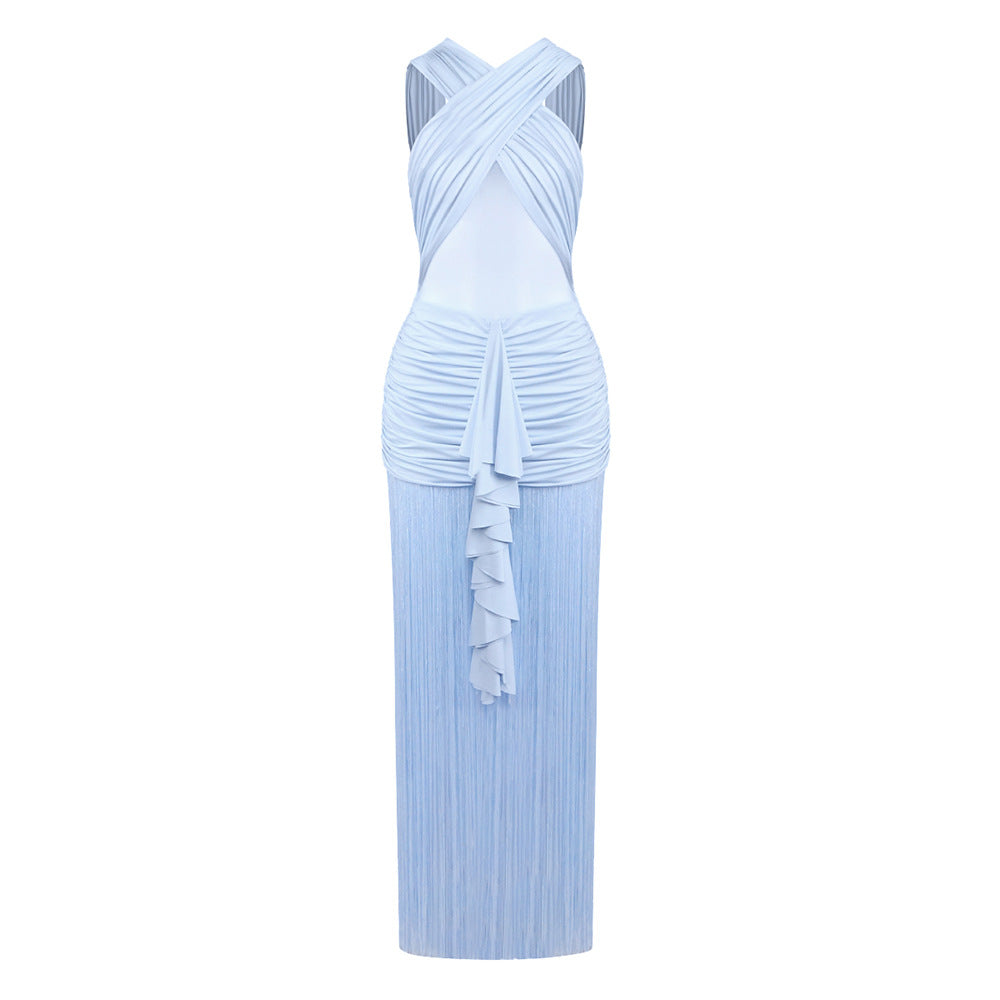 Solid Color Mesh Pleated Cross Sling Vacation Dress Bella Mia