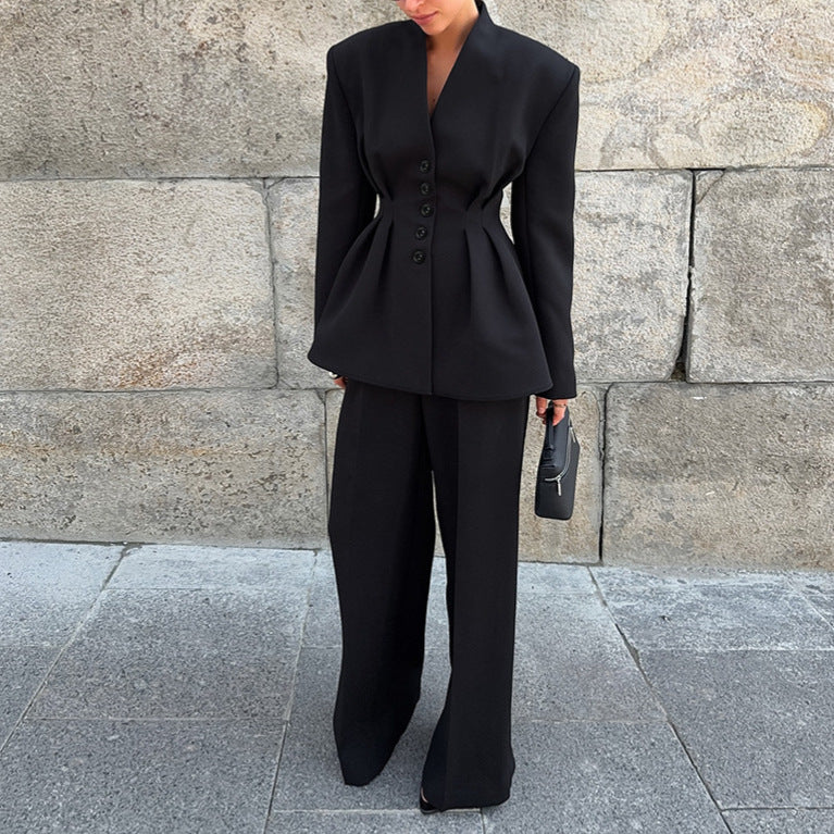Women Clothing Fall Black High Grade Long Sleeved V neck Pleated Waist Tight Blazer Trousers Two Piece Set Wanita Store