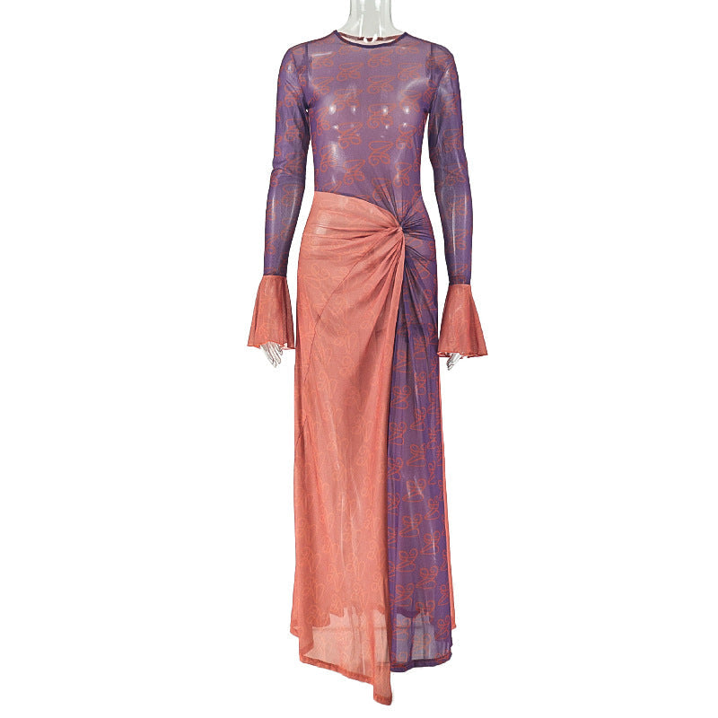 Summer Slim Fit Women Clothing Lightweight Slightly Transparent Sheath Asymmetric Dress round Neck Pleated Long Sleeve Dress Ragazza