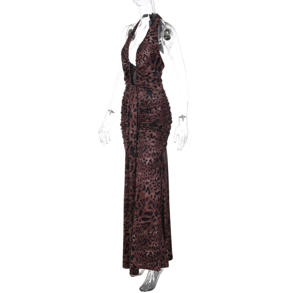 Deep-V Pleated Halter Backless Dress