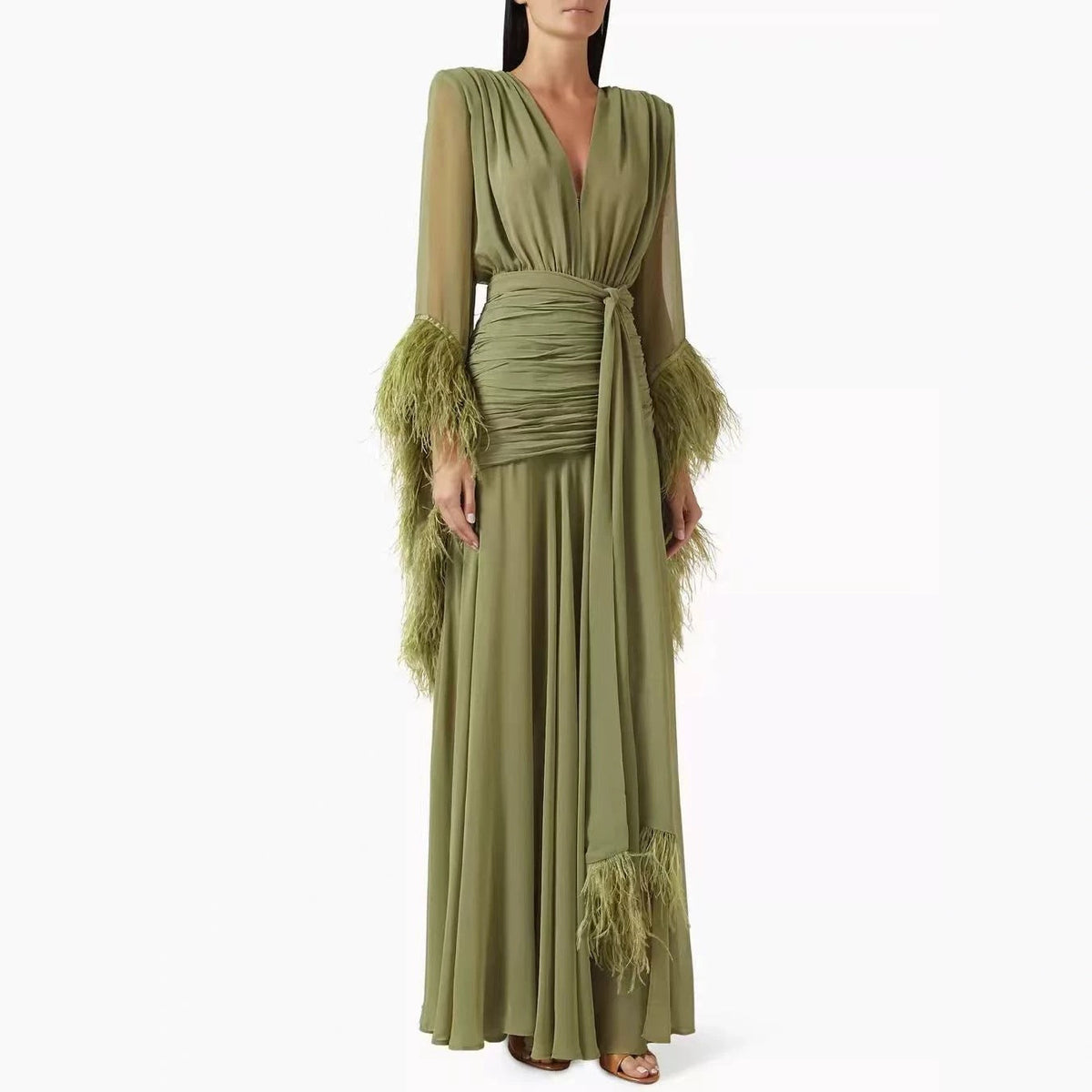 Spring Solid Color Evening Dress Long Sleeve Slim Dress