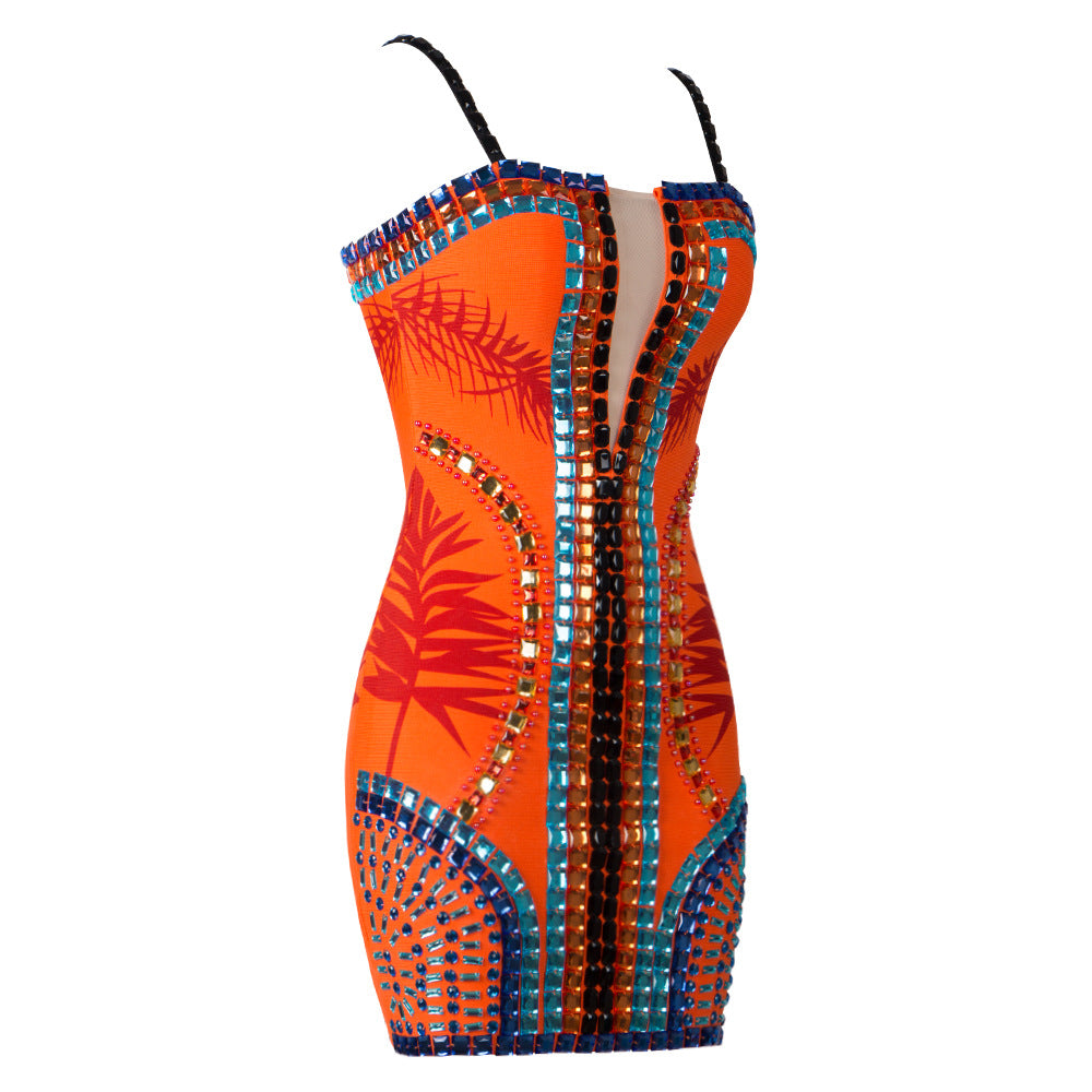 Star Sexy Heavy Industry Beads Printed Mesh V neck Strap Tube Top Backless Bandage One Piece Dress