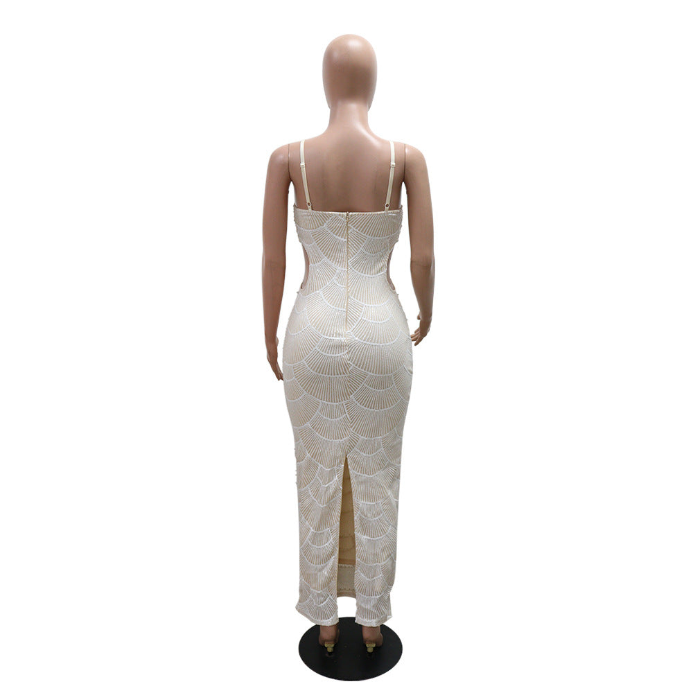 Sequin Bead Sling Long Dinner Dress Ladies Party Split Dress